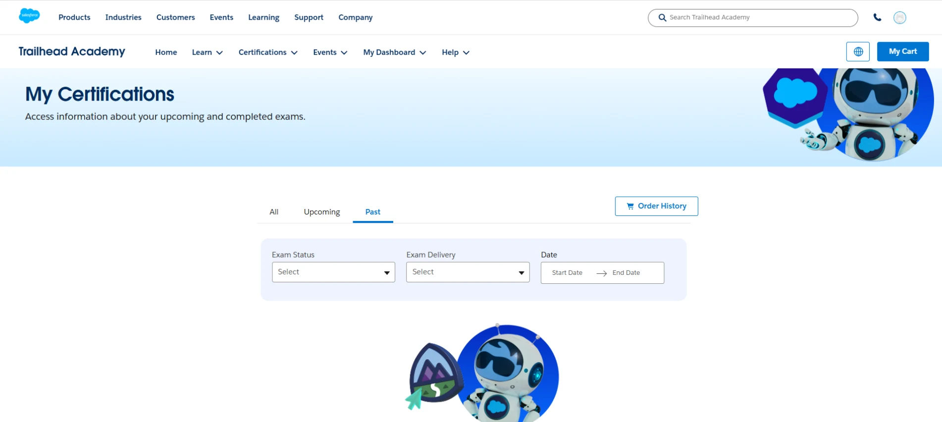 Trailhead Academy dashboard listing past Salesforce certification exams and results.