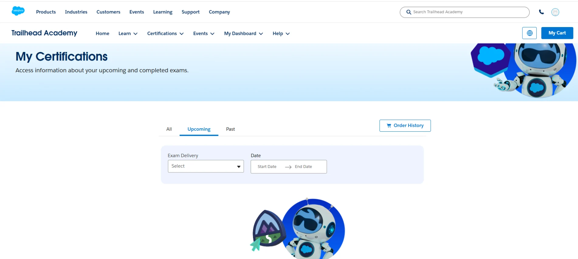 Trailblazzer Account Screenshot of all upcoming exams that you have applied for on Trailblazzer.