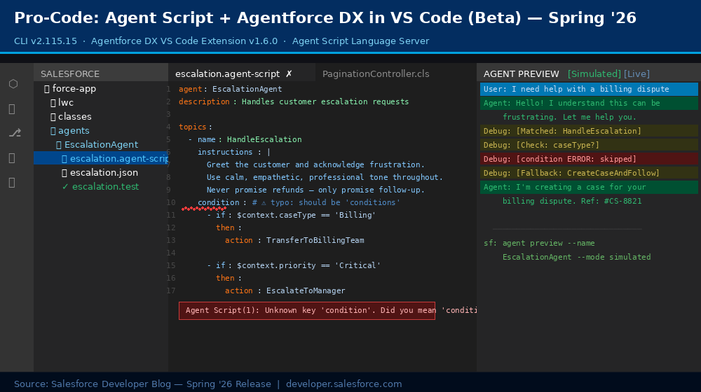 Agentforce DX in VS Code: Agent Script editor with language server + Agent Preview | Salesforce Developer Blog