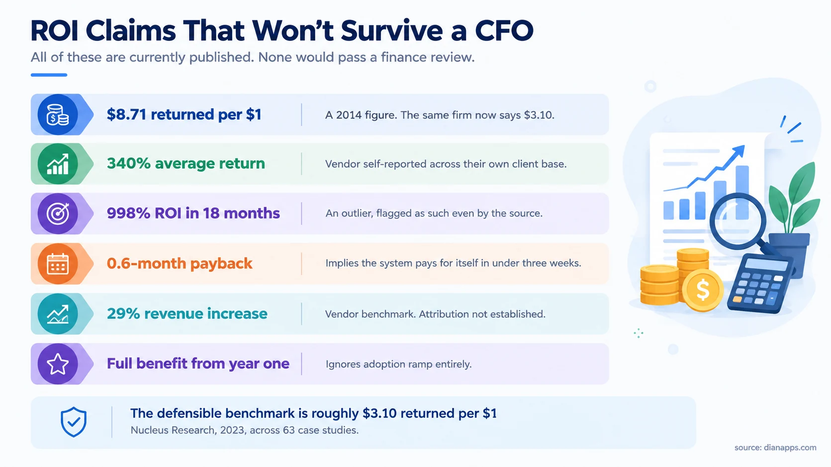 Six published ROI claims that fail finance review, with the defensible Nucleus benchmark of 3.10 dollars per dollar