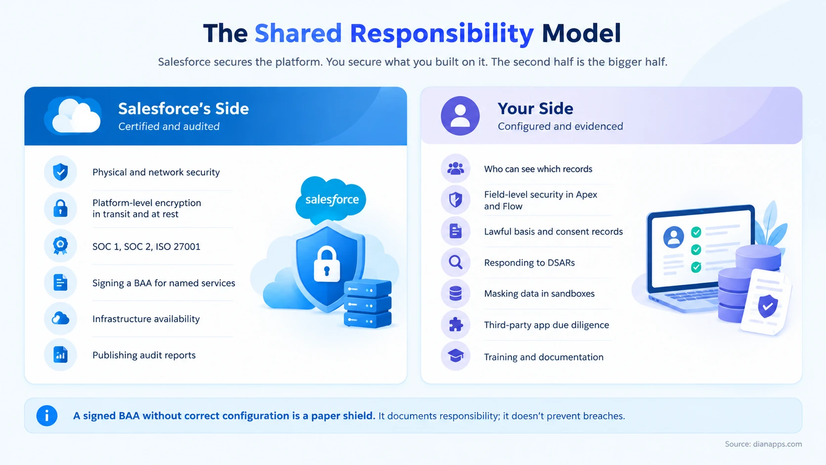 Two-column comparison of what Salesforce is responsible for versus what the customer must configure
